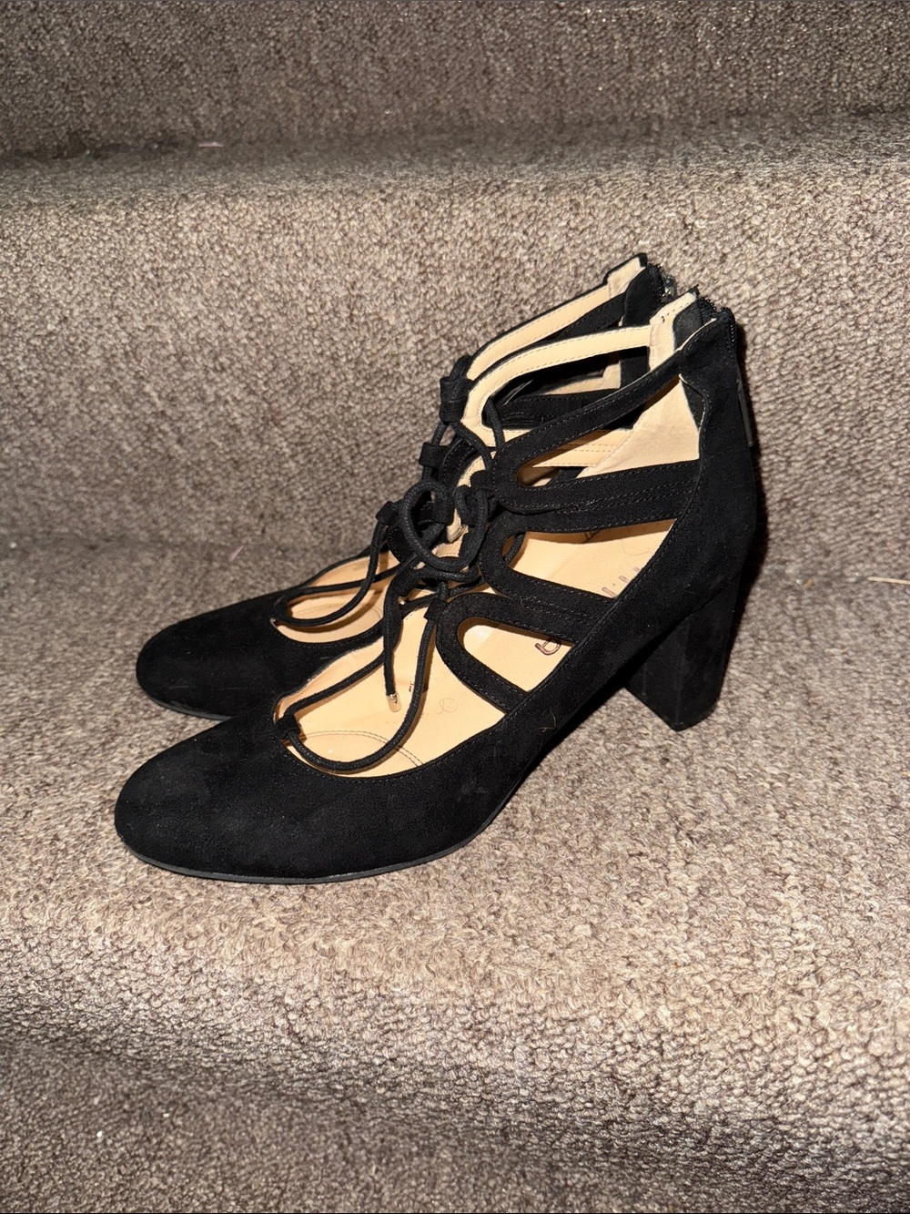 Unisa Black Suede Lace-Up Block Heel Pumps